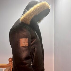 Men's Black Shearling Jacket with Fur Hood